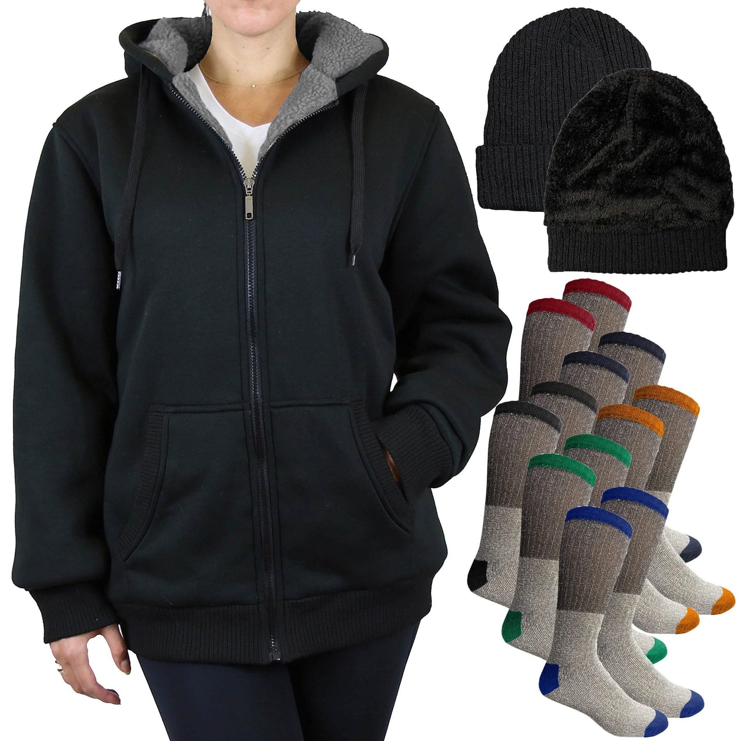 Conjunto de regalo de sudadera con capucha de sherpa, gorro y calcetines térmicos para mujer