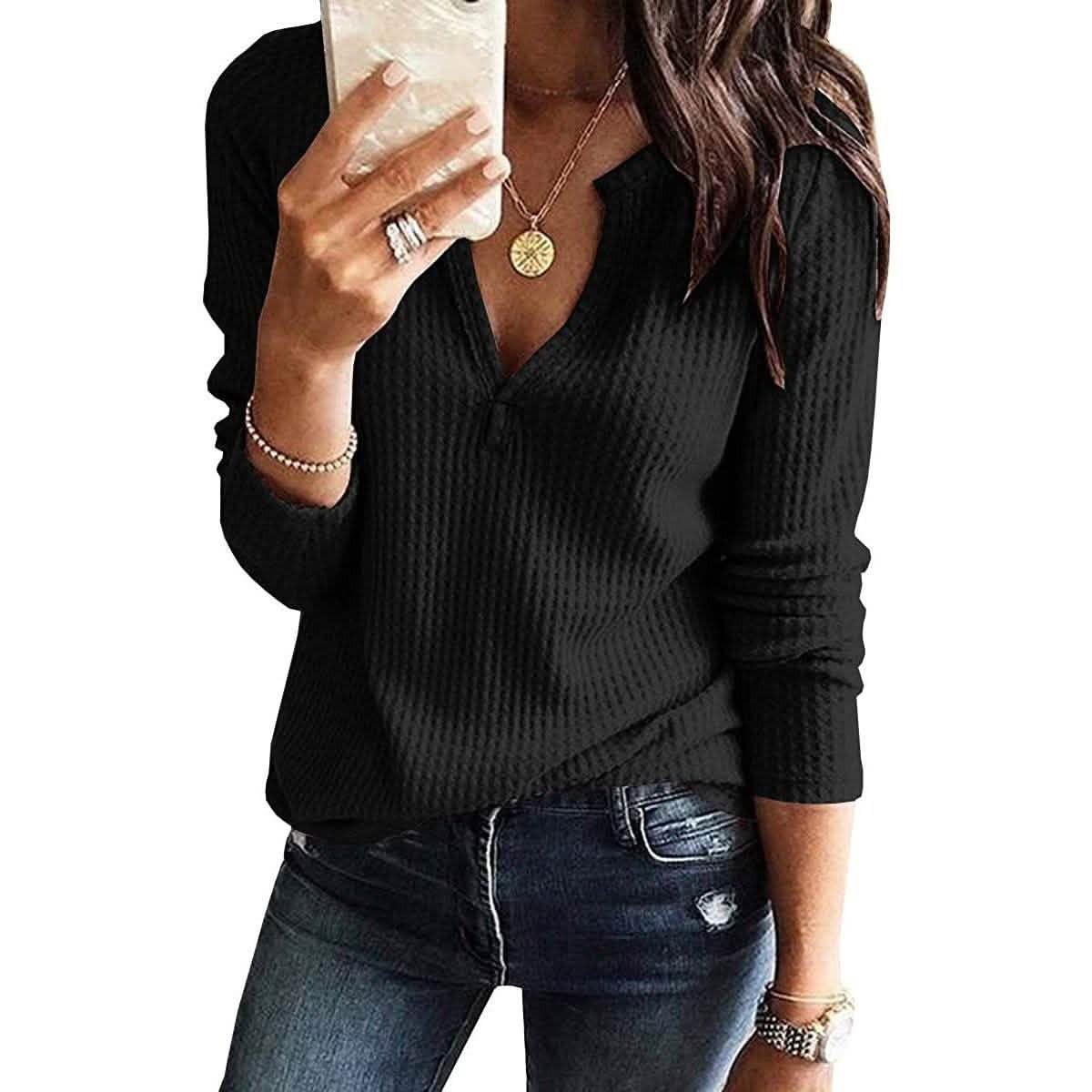 Blusas Henley de punto gofre con cuello de pico para mujer
