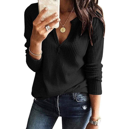 Blusas Henley de punto gofre con cuello de pico para mujer