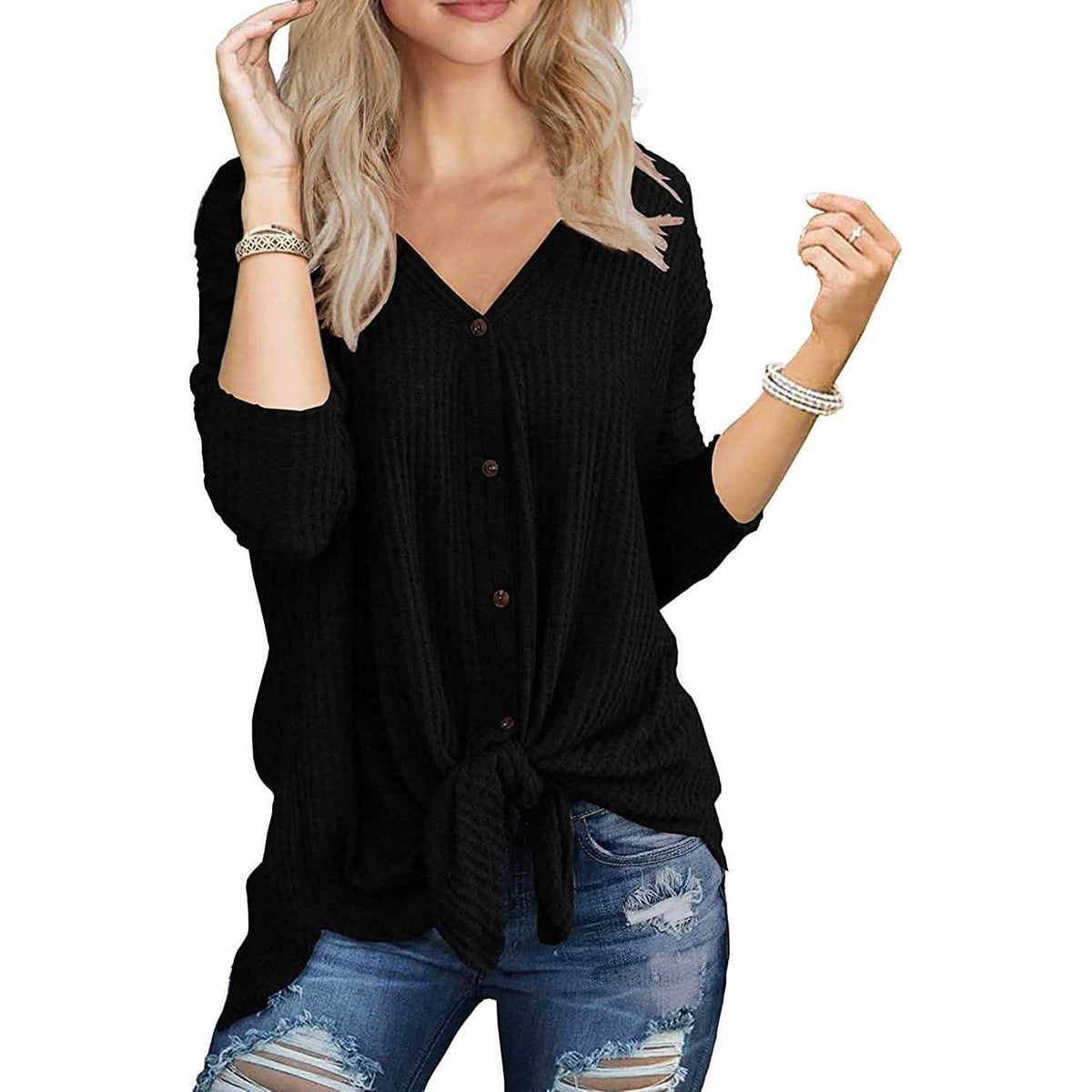 Blusa túnica de punto gofrado para mujer con nudo Henley
