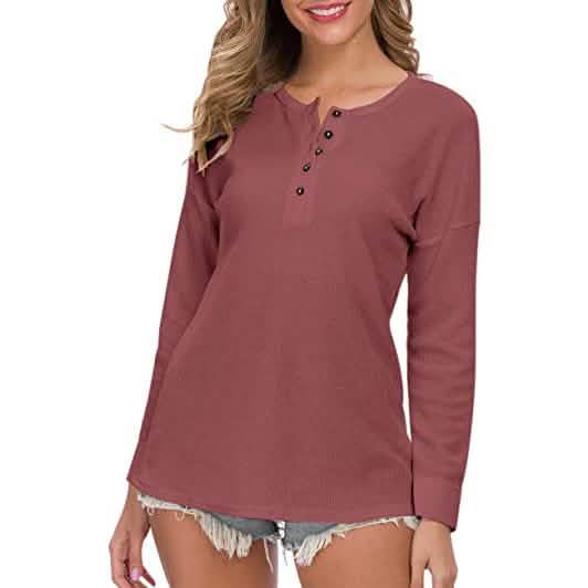 Camisetas túnica de punto gofre para mujer, manga larga holgada