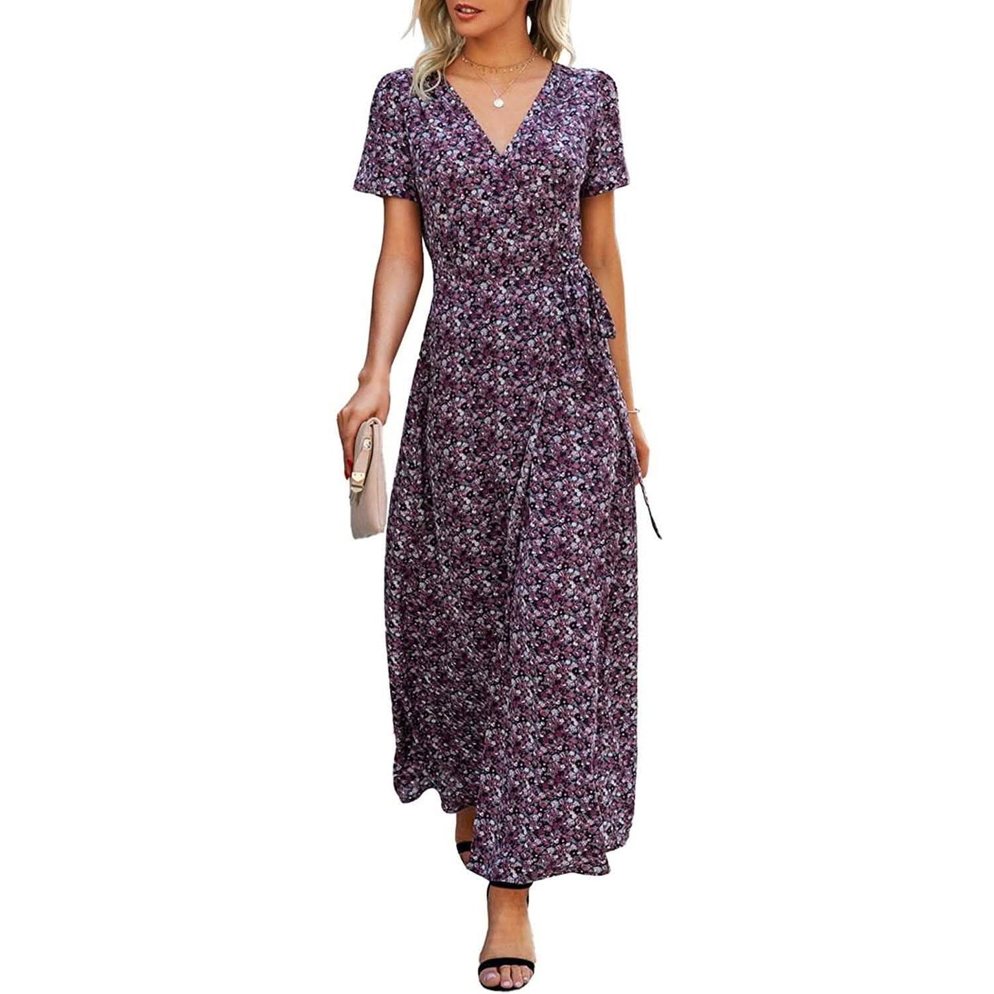 Vestidos largos con cuello en V cruzado para mujer, manga corta, abertura, casual