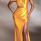 Ladivine Y025 Floor Length Fitted Asymmetrical Satin Gown with Slit