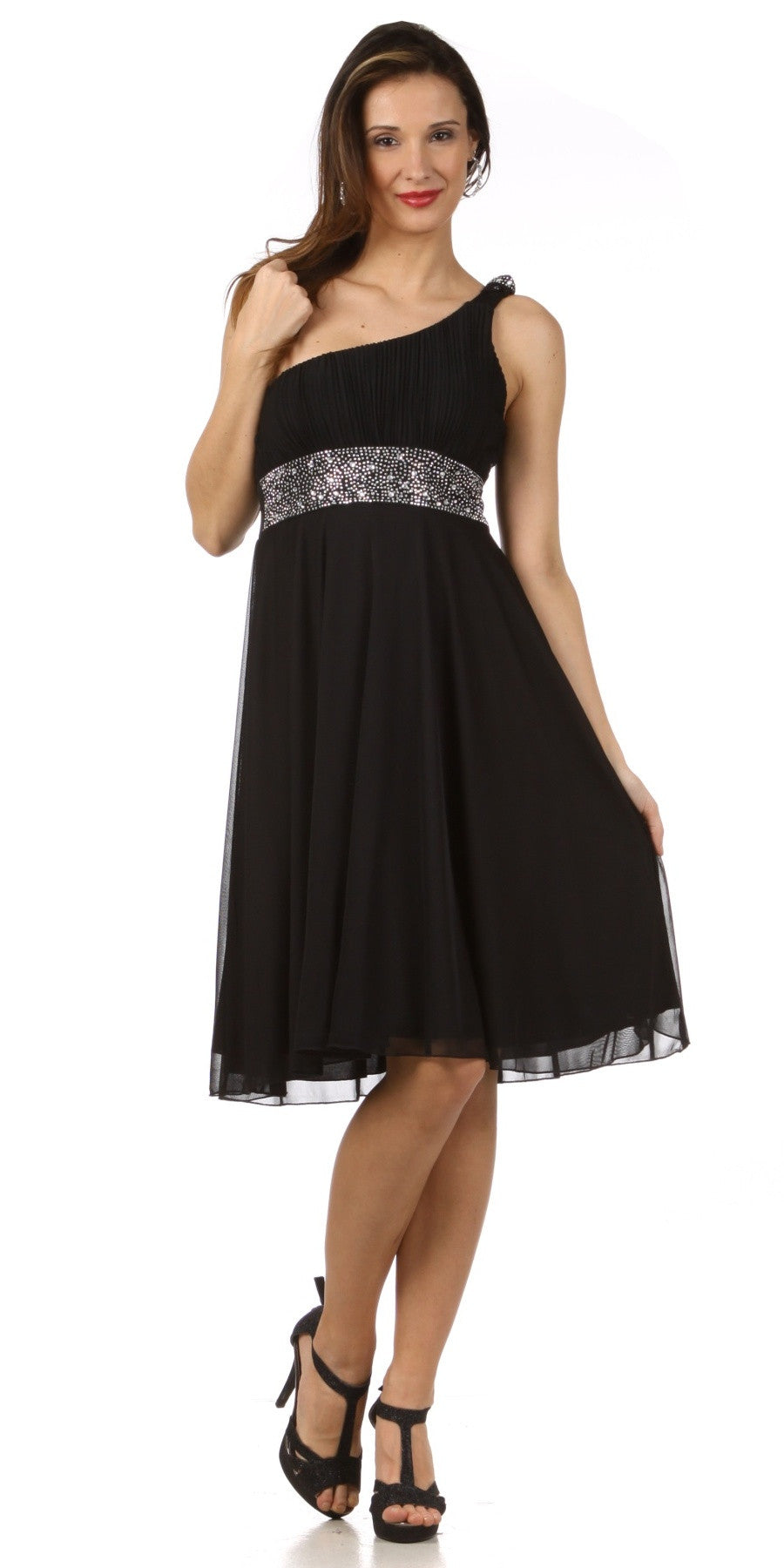 LIQUIDACIÓN - CELAVIE 2095S Vestido Negro hasta la Rodilla de un Solo Hombro Incluye Chaqueta Bolero (Talla M)