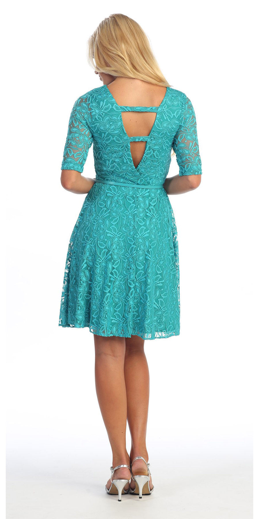 LIQUIDACIÓN - Vestido corto de encaje burdeos con mangas tres cuartos Celavie 2367 (Talla S)