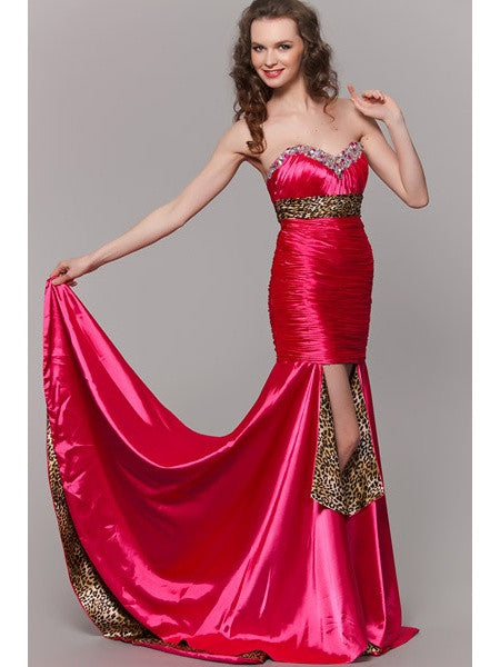 LIQUIDACIÓN - Vestido strapless fucsia con estampado de leopardo Cinderella Divine 7558 (Talla 10)