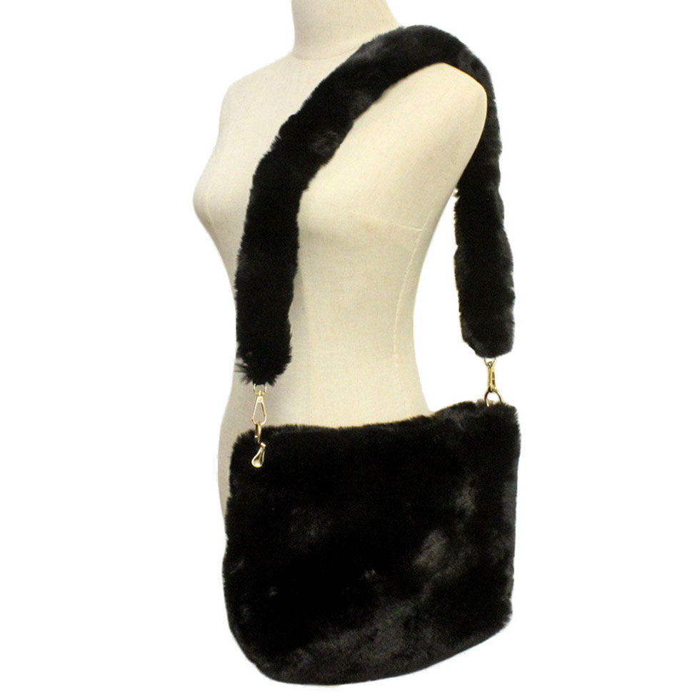Zipper Closure  Solid Faux Fur Crossbody Bag
