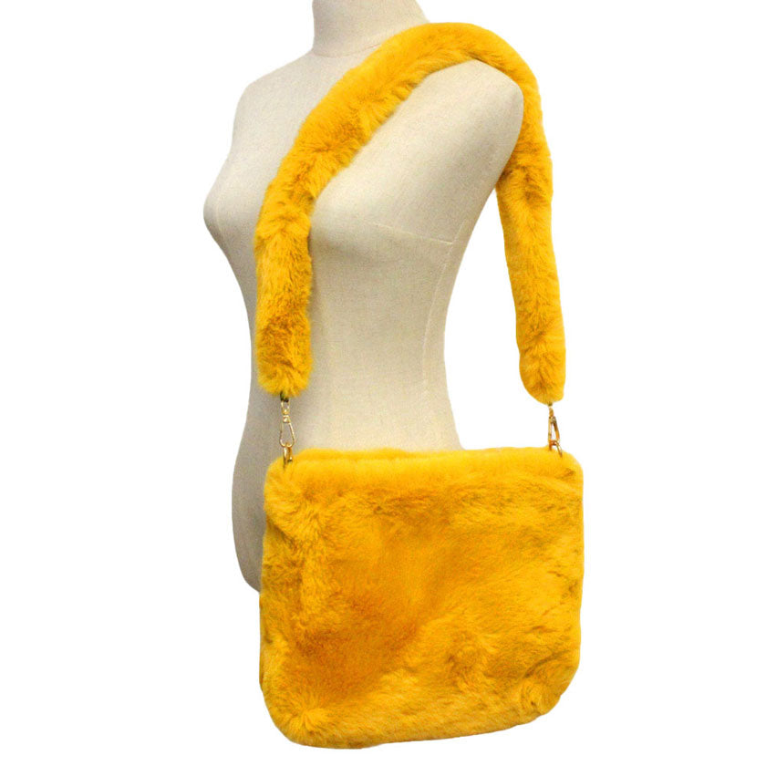 Zipper Closure  Solid Faux Fur Crossbody Bag