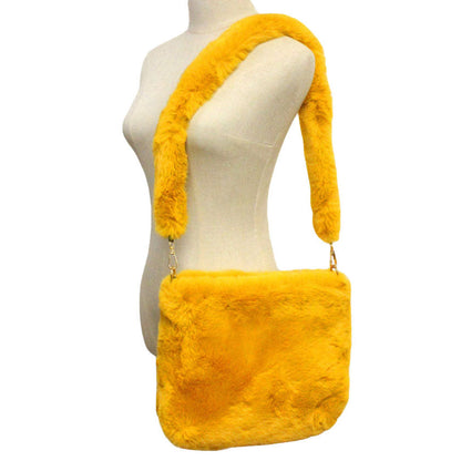 Zipper Closure  Solid Faux Fur Crossbody Bag