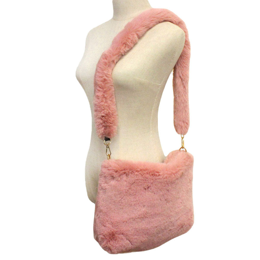 Zipper Closure  Solid Faux Fur Crossbody Bag